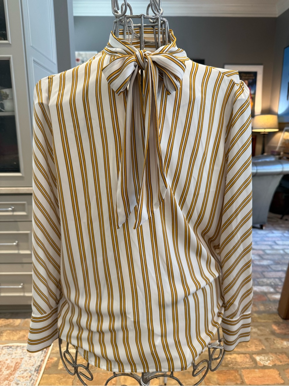 LOFT White and Mustard Striped Tie-Neck Blouse